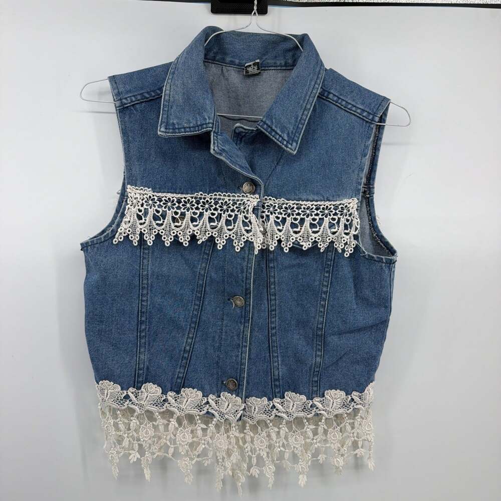 Vintage 90s Blue Denim Vest with Lace Applique Women's Sz M Country Western